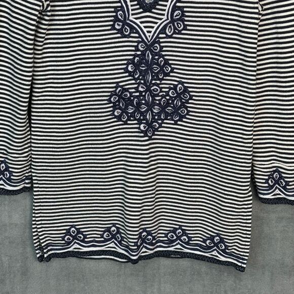 Tory Burch Sweater Womens Medium Navy Striped Embroidered Nautical Coastal Tunic - Picture 3 of 16